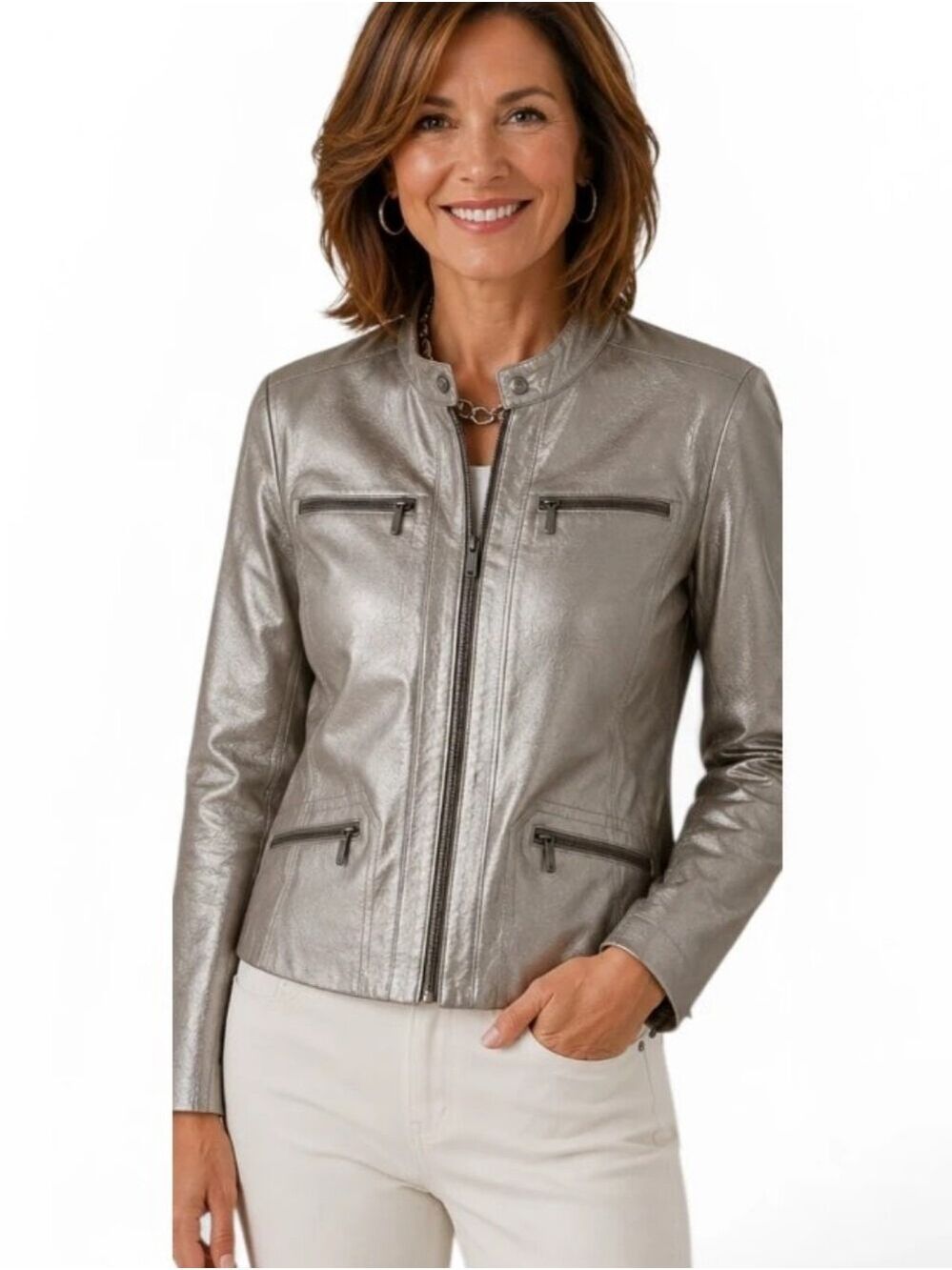 Chico's Metallic Silver Moto Style Jacket Medium/Chico's 1